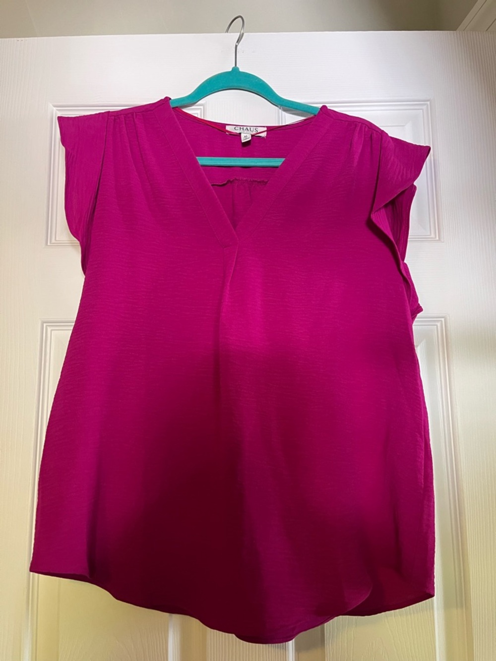 Chaus Bright Magenta V-Neck Flutter Sleeve Blouse